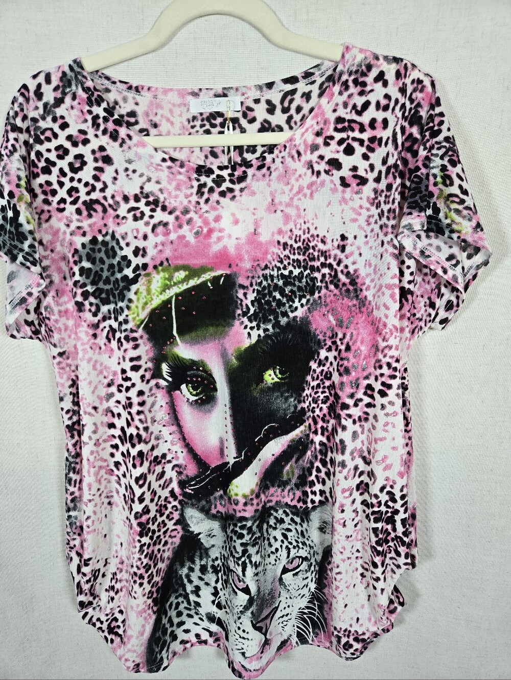 Y2K Julia Silk Blend Pink Leopard Graphic Top Rhinestone Embellished Size L